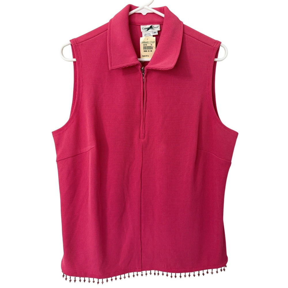 Coldwater Creek Womens 1X Pink Ribbed Quarter Zip Sleeveless Top Beaded Hem NEW